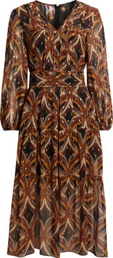 Julia Jordan Metallic Fleck Abstract Print Long Sleeve Chiffon Dress