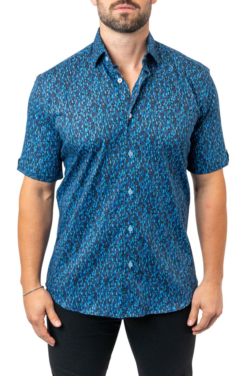 Maceoo Galileo River 90 Blue Contemporary Fit Short Sleeve Button-Up Shirt, Main, color, 