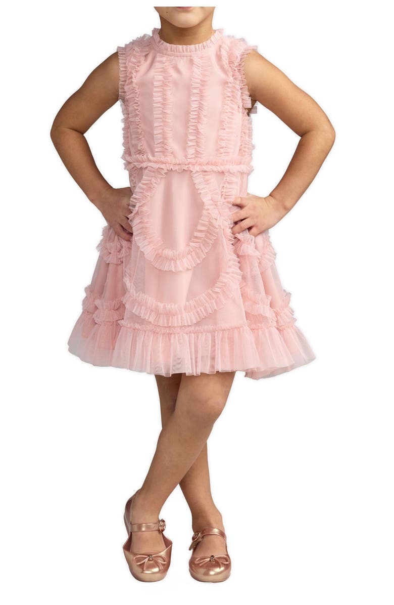 Mac Duggal Girls High Neck Sleeveless Micro Ruffle Mini Dress, Main, color, Rose