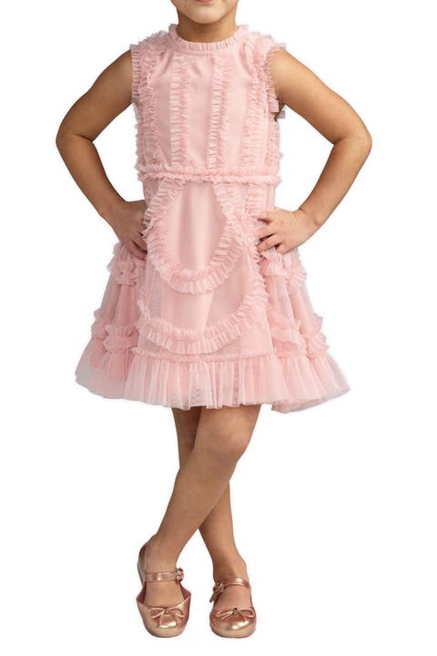 Girls High Neck Sleeveless Micro Ruffle Mini Dress