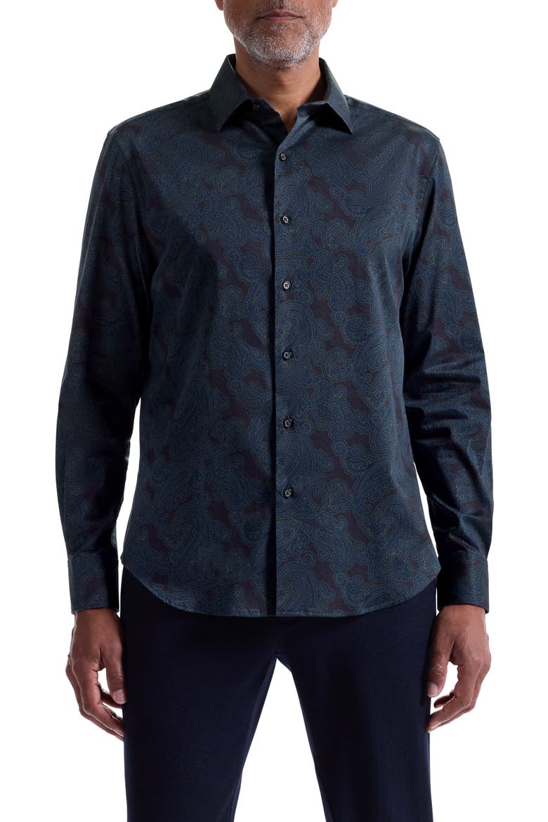 Axel Shaped Fit Paisley Stretch Button-Up Shirt, Main, color, EGGPLANT
