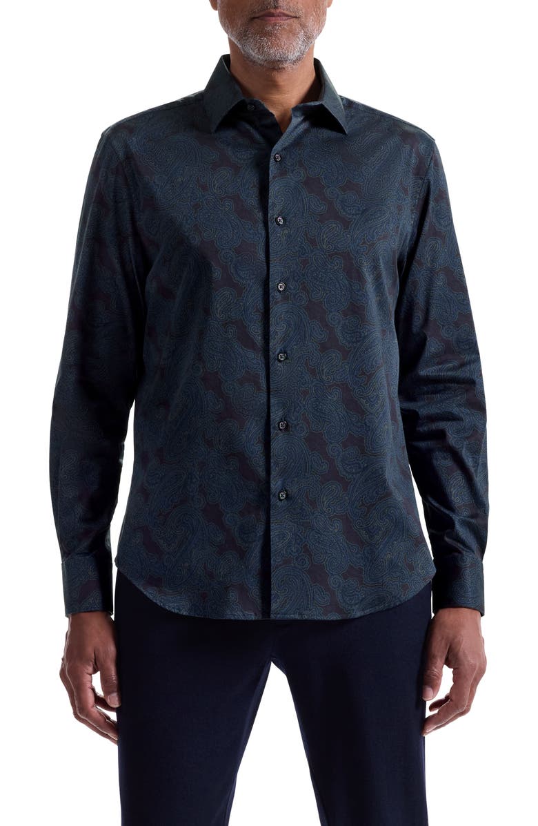 Bugatchi Axel Shaped Fit Paisley Stretch Button-Up Shirt, Main, color, Eggplant
