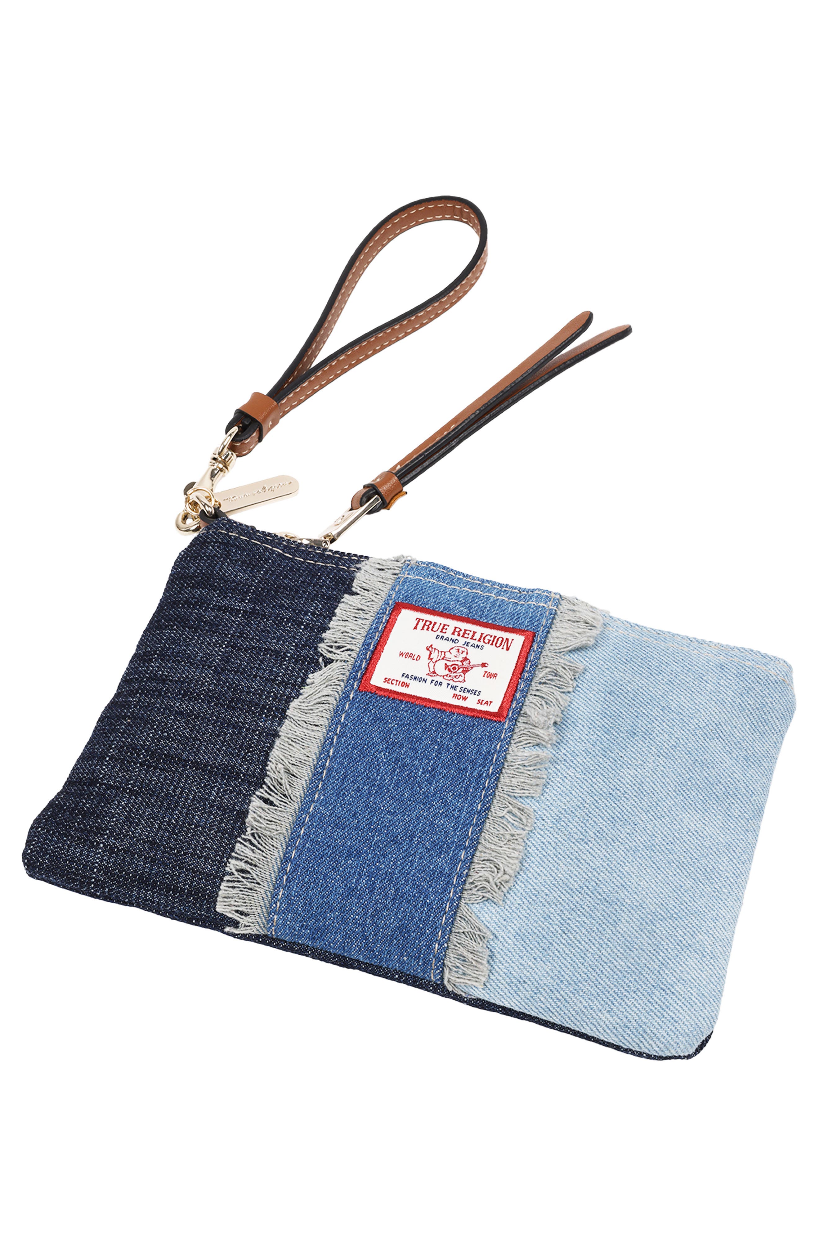 True Religion Frayed Panel Denim Pouch, Alternate, color, Denim/ Blue