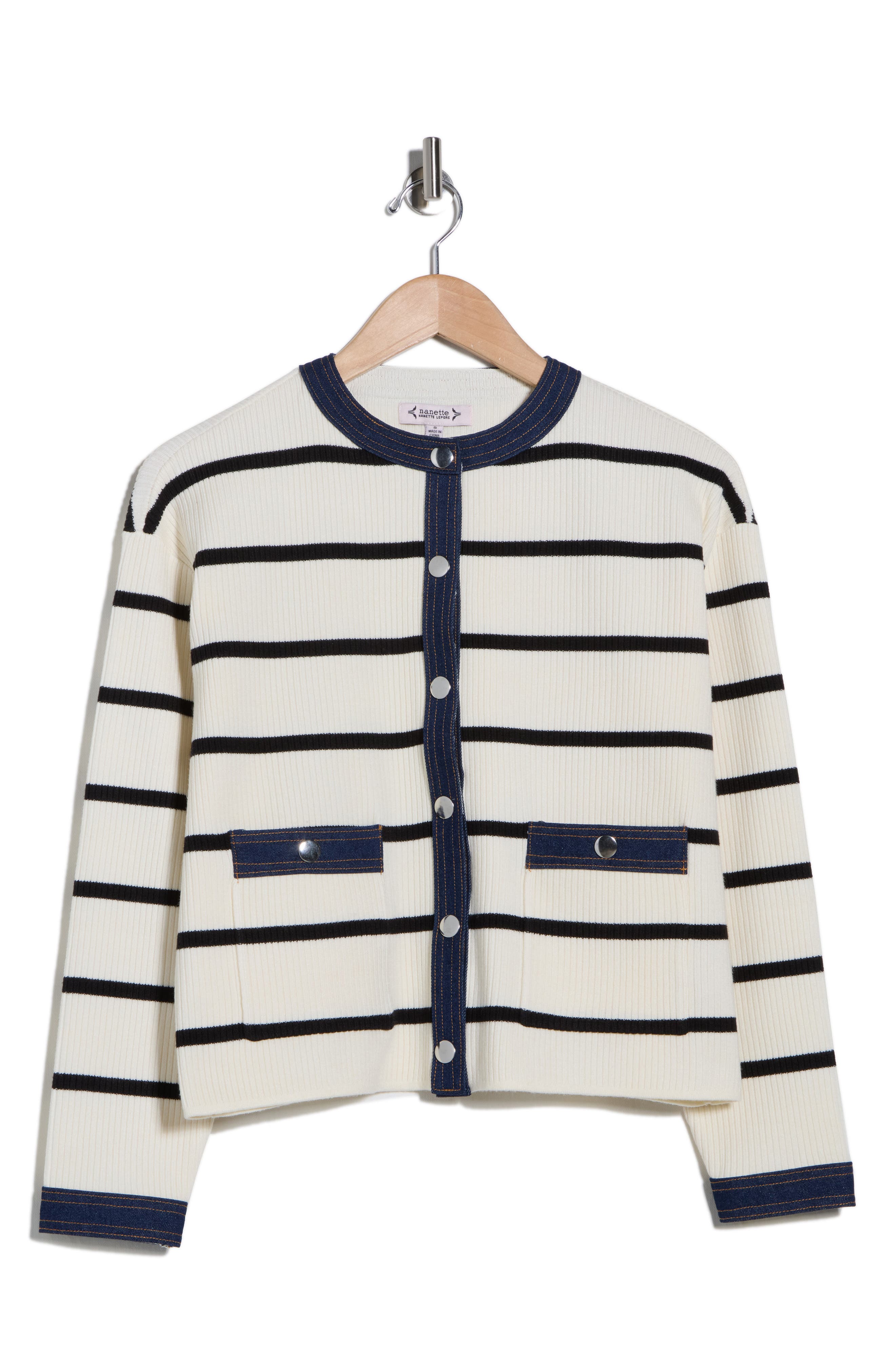 Nanette Lepore Denim Trim Stripe Ribbed Cardigan