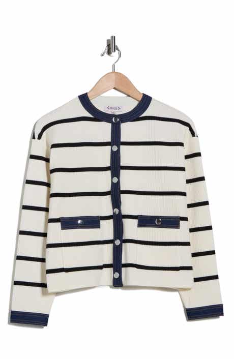 Nanette Lepore Denim Trim Stripe Ribbed Cardigan