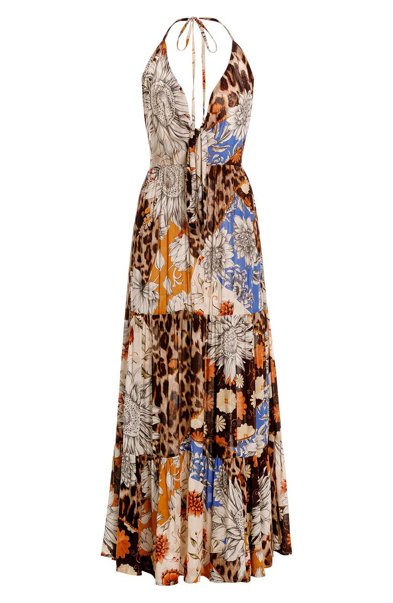 Agua Bendita Gabrielle Quilt Tue Front Halter Cover-Up Maxi Dress., Alternate, color, Brown