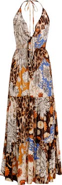 Agua Bendita Gabrielle Quilt Tue Front Halter Cover-Up Maxi Dress.