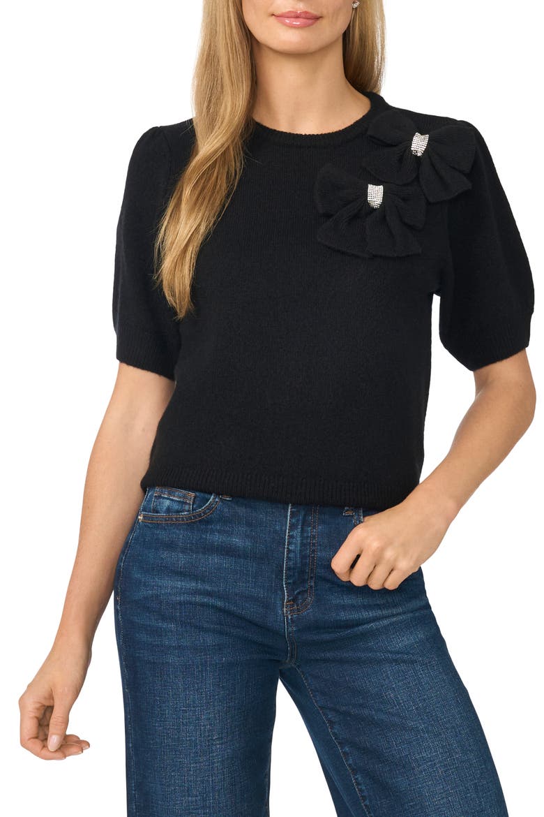 Bow Embellished Short Sleeve Sweater, Main, color, RICH BLACK