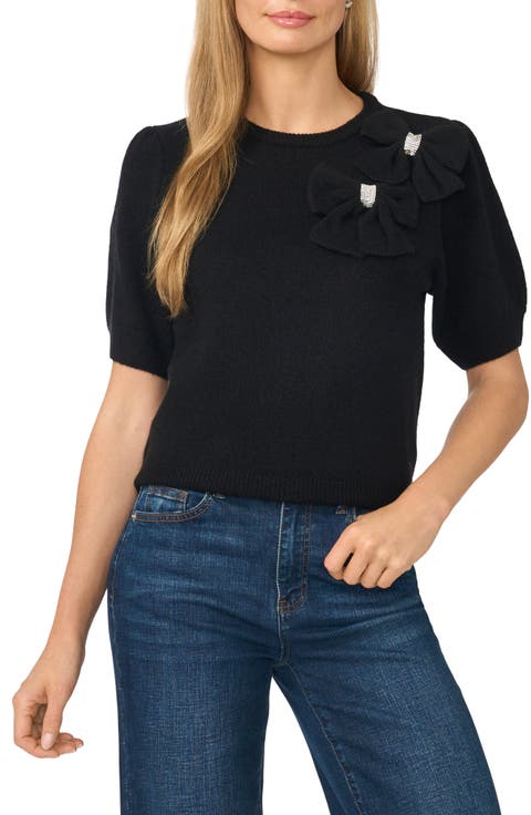 Bow Embellished Short Sleeve Sweater