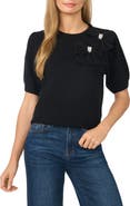 CeCe Bow Embellished Short Sleeve Sweater