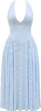 HOUSE OF CB Arietta Floral Jacquard Plunge Halter Neck Dress