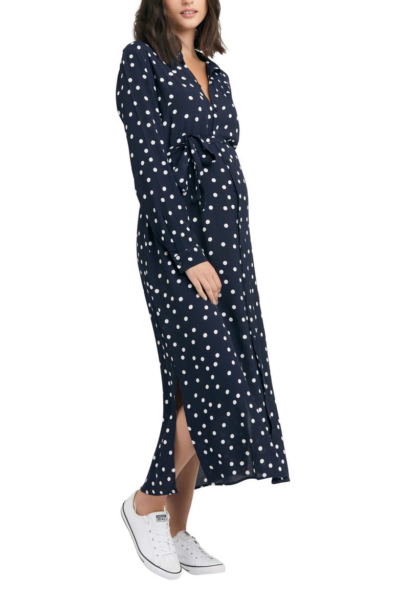 Spotted Long Sleeve Tie Waist Maternity Shirtdress, Alternate, color, NAVY