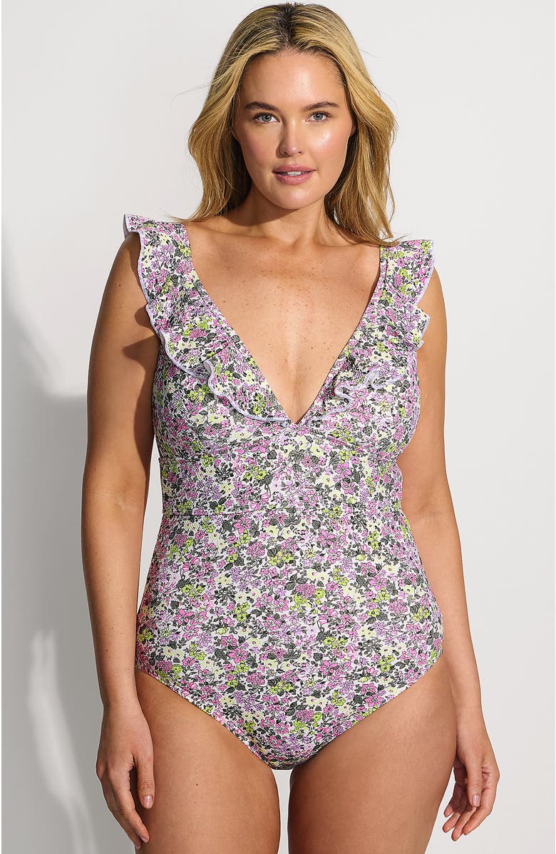 Lands' End Pique Ruffle One Piece Swimsuit, Main, color, White Multi Ditsy Floral