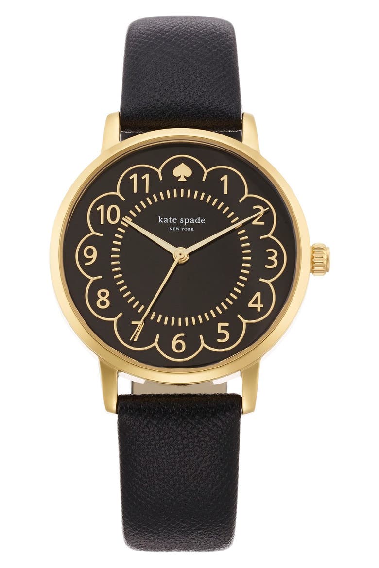 'metro' scalloped dial leather strap watch, 34mm, Main, color, BLACK/ GOLD