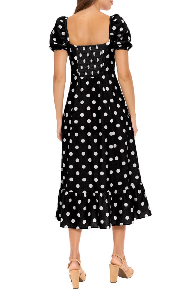 Puff Sleeve Linen Blend Midi Dress, Alternate, color, BLACK/ CREAM