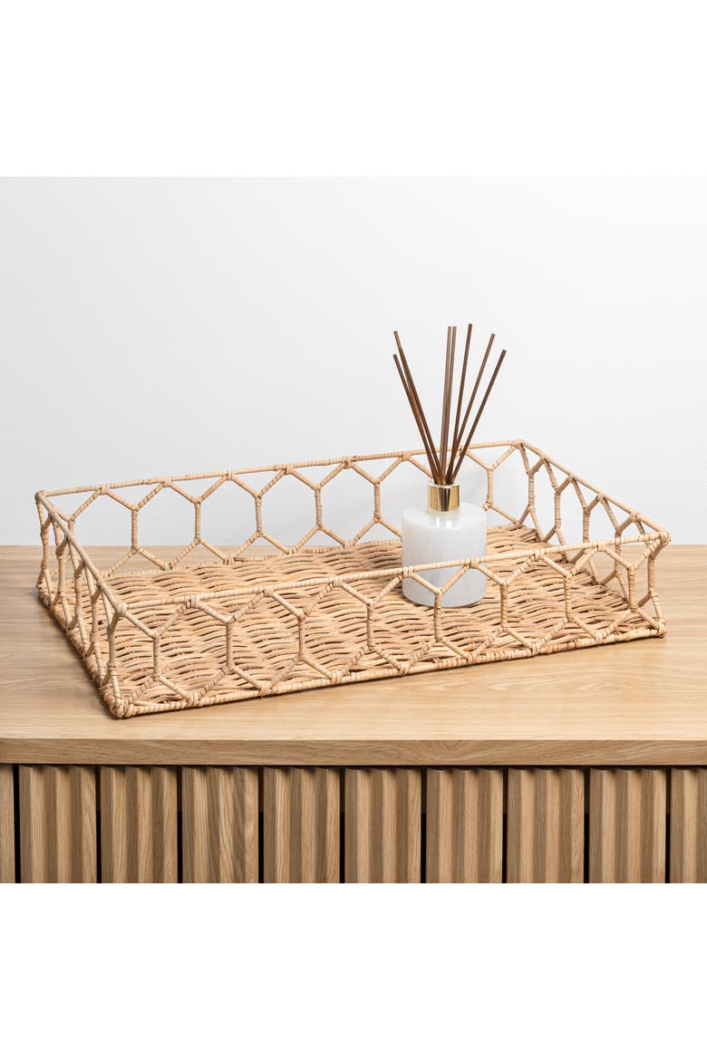 Honeycomb 19.75" Rustic Bohemian Hand-Woven Rattan Tray, Natural, Alternate, color, Light Brown