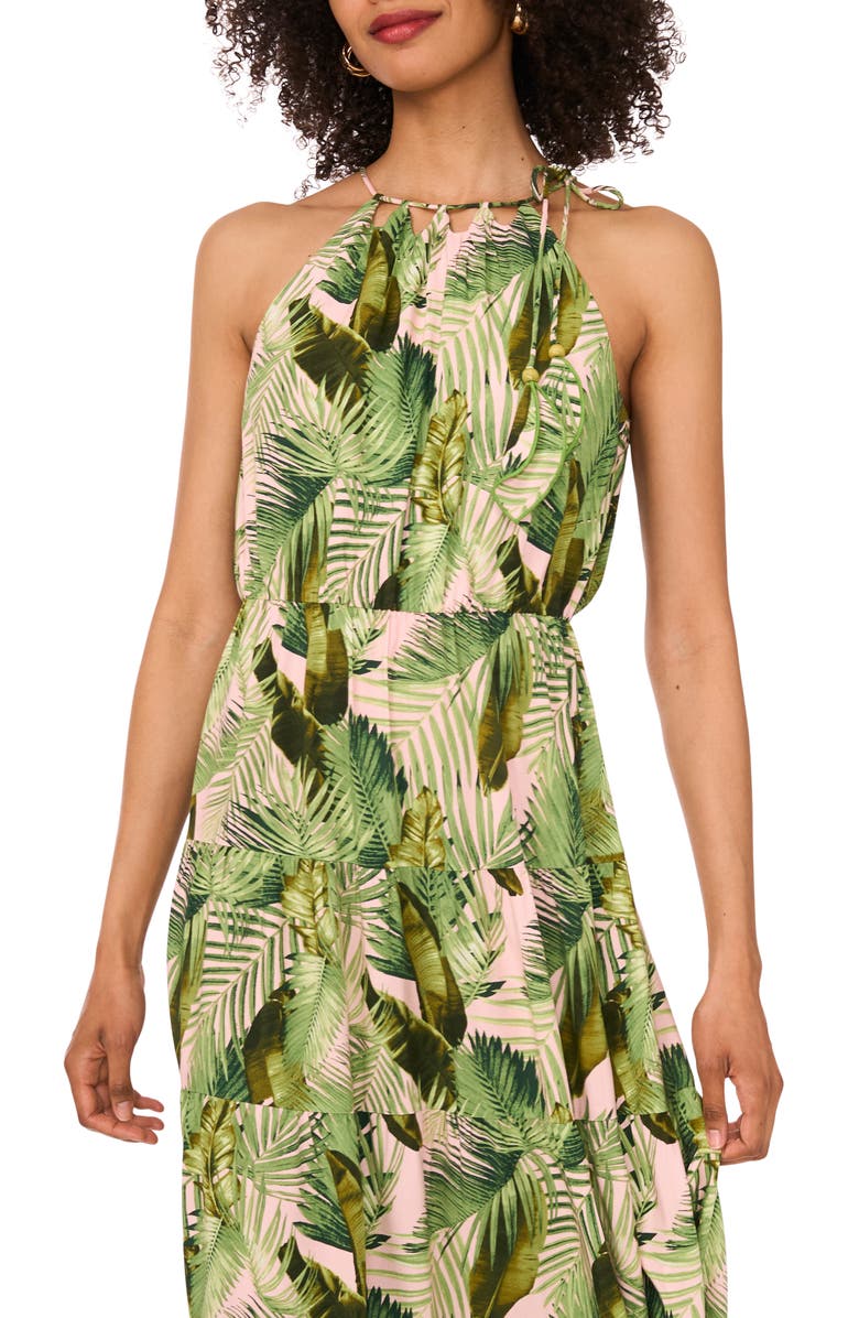 Vince Camuto Botanical Print Neck Cutout A-Line Dress, Alternate, color, Pink Blush