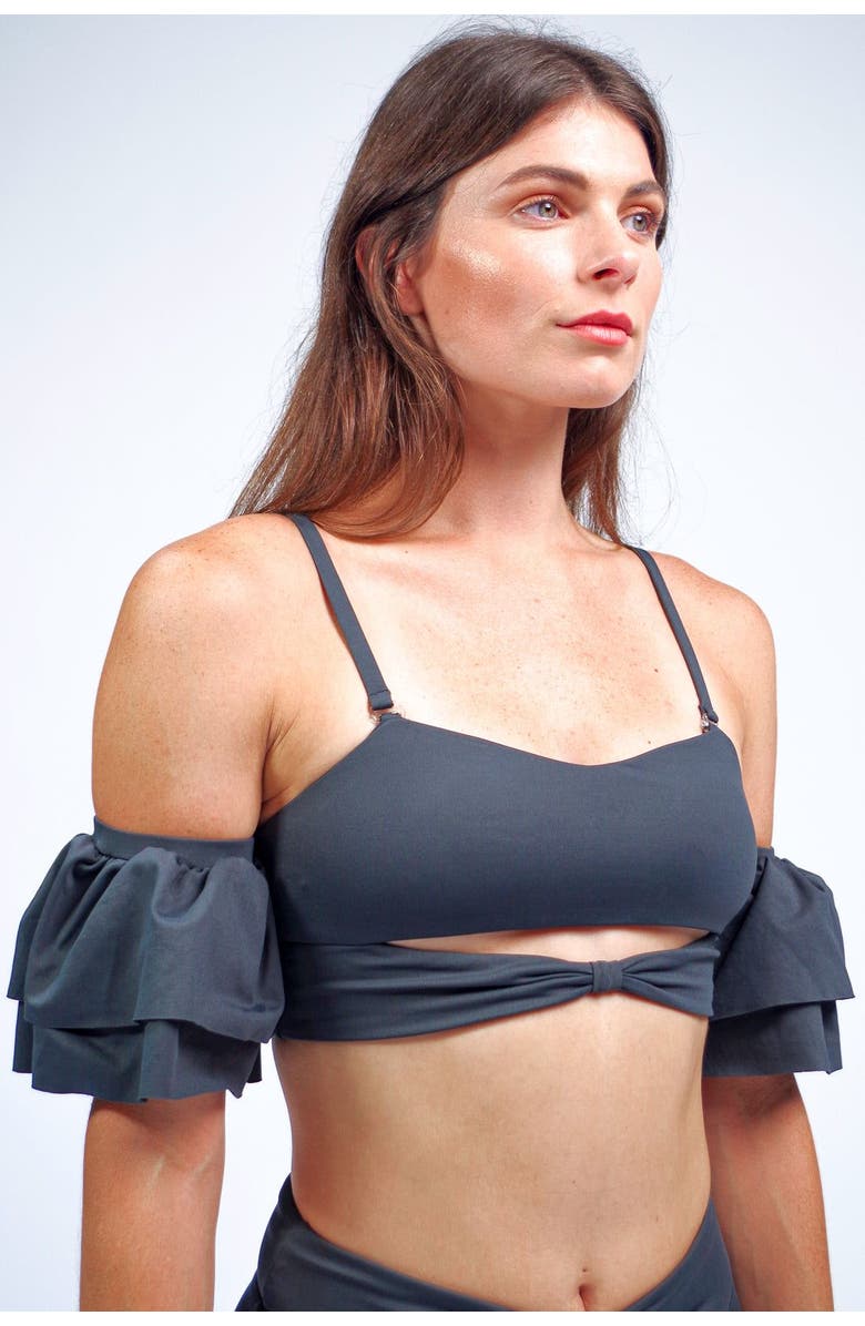 Mary Mercedes Ty Cutout Bikini Top With Ruffle Sleeves, Main, color, Charcoal Grey
