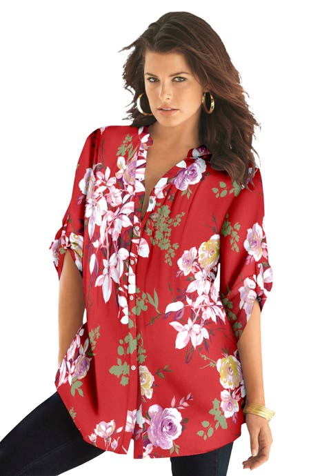 Pintuck Tunic Blouse Y-Neck & Roll-Tab Sleeves