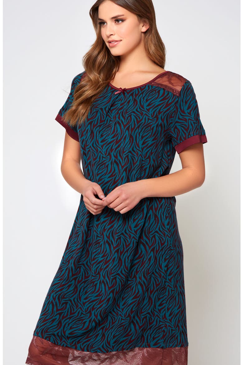 Zebra Print Lace-Trim Sleep Shirt, Alternate, color, Teal-Burgundy