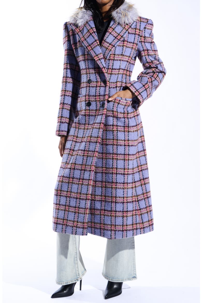 Plaid Trench with Faux Fur Collar, Main, color, LAVENDER