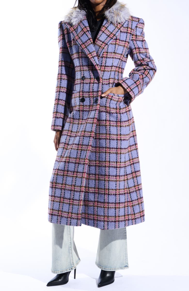 AZALEA WANG Plaid Trench with Faux Fur Collar, Main, color, Lavender