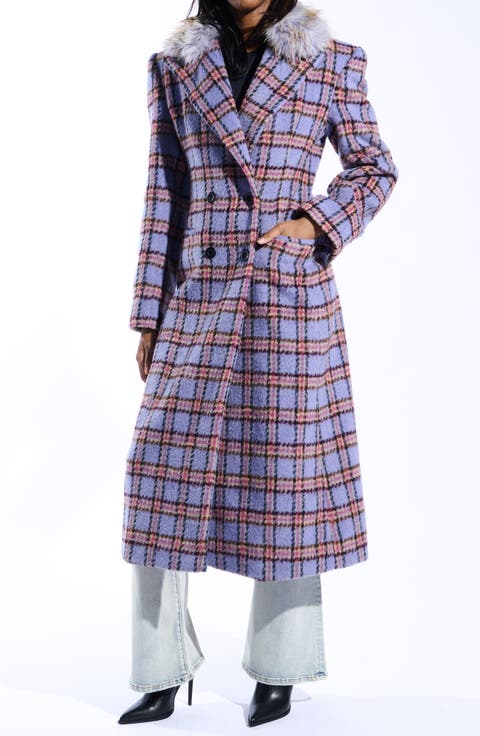 Plaid Trench with Faux Fur Collar