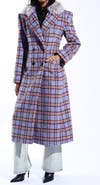 AZALEA WANG Plaid Trench with Faux Fur Collar