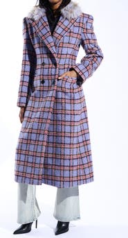 AZALEA WANG Plaid Trench with Faux Fur Collar