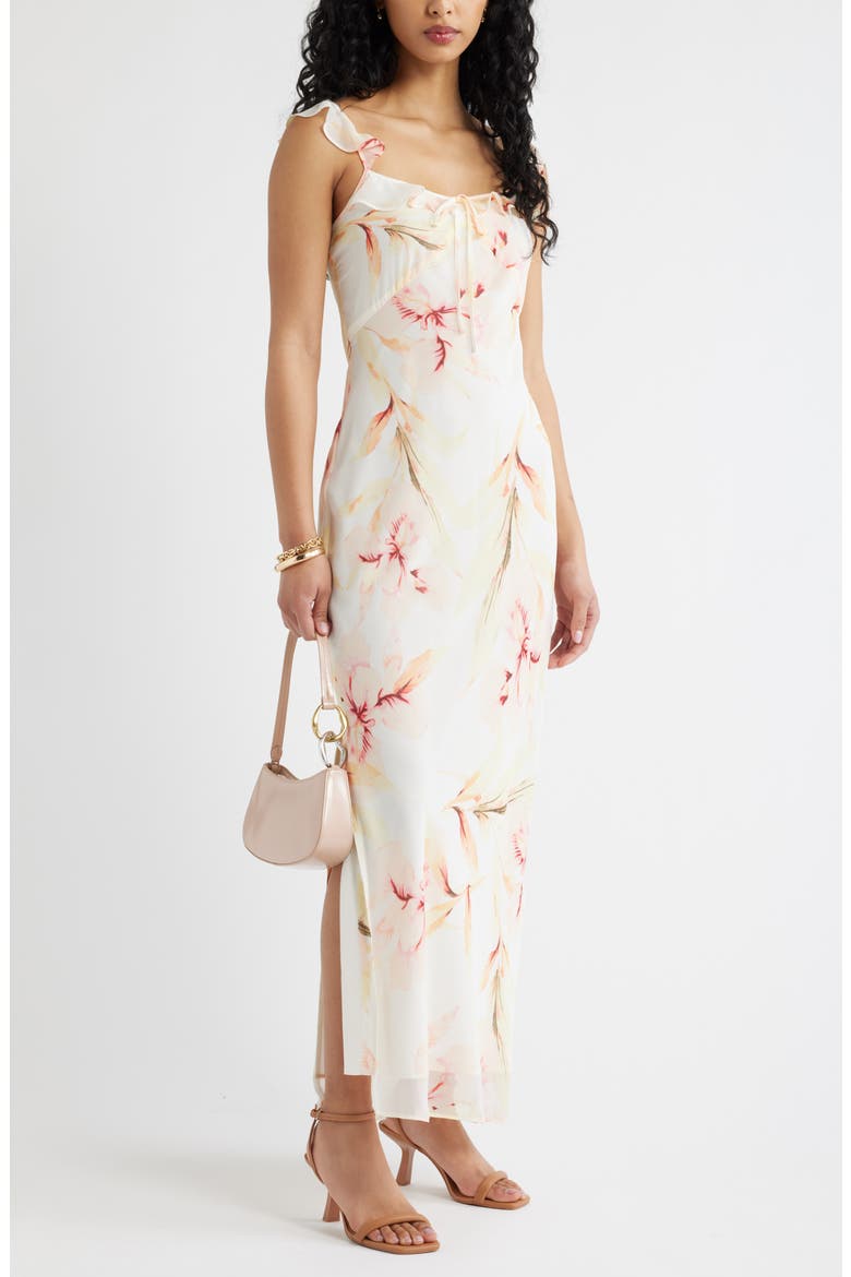 Ruffle Chiffon Maxi Dress, Alternate, color, IVORY- PINK FLOATING IRIS