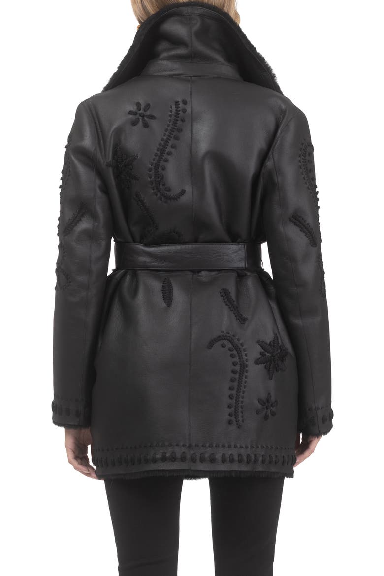 Genuine Shearling Short Jacket with Embroidery, Belt, Alternate, color, BLACK/BLACK