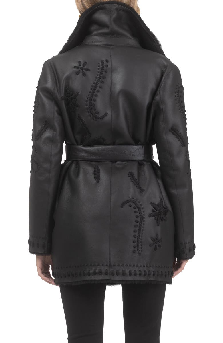 GORSKI Genuine Shearling Short Jacket with Embroidery, Belt, Alternate, color, Black/Black