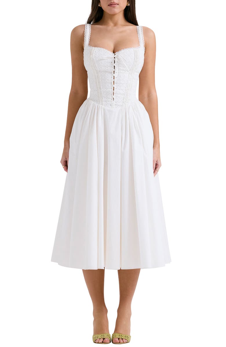HOUSE OF CB Milia Lace Up Corset Midi Dress, Main, color, White