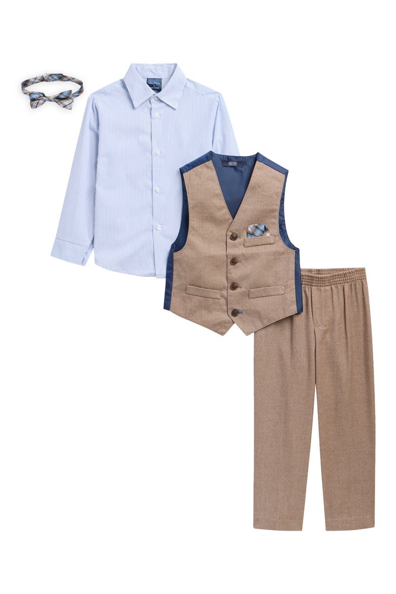 Kids' Brushed Herringbone Vest, Pants, Button-Up & Bow Tie Set, Main, color, BROWN