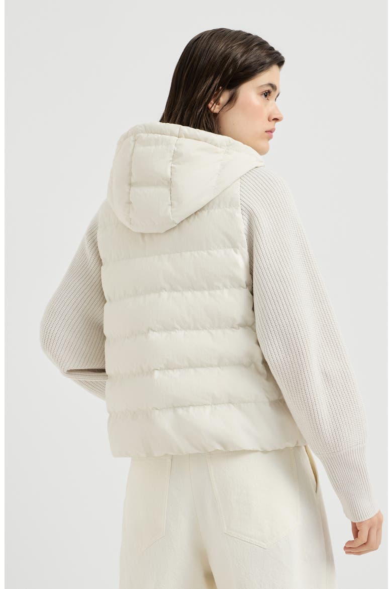 Water-resistant matte nylon hooded down jacket with knit sleeves and monili, Alternate, color, White