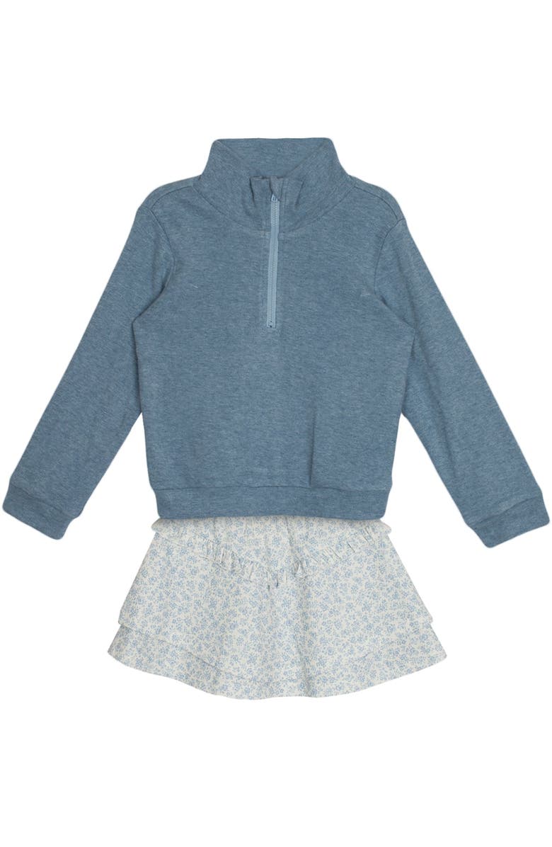Mabel + Honey Mabel and Honey Hannah 2-Piece Toddler Girl Outfit - Blue Half-Zip Pullover and Floral Tiered Ruffle Skirt., Main, color, Blue
