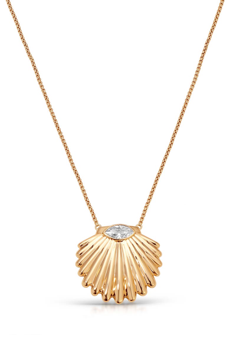 Cubic Zirconia Scalloped Shell Pendant Necklace, Alternate, color, GOLD