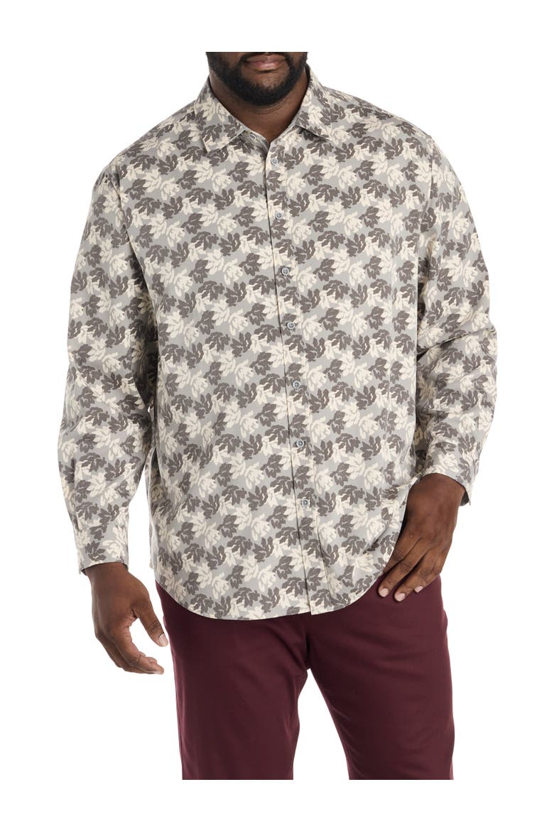 Big & Tall Rolled-Sleeve Floral Print Sport Shirt, Alternate, color, GREY