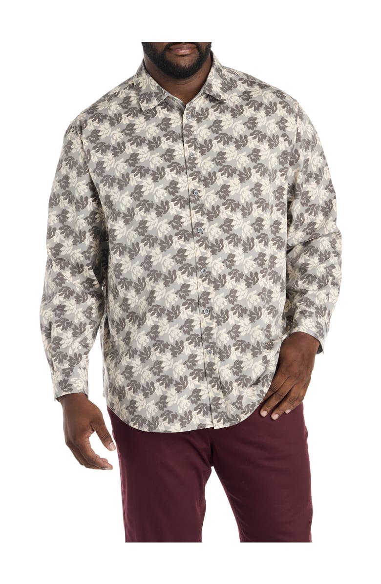 Synrgy by DXL Big & Tall Rolled-Sleeve Floral Print Sport Shirt, Alternate, color, Grey