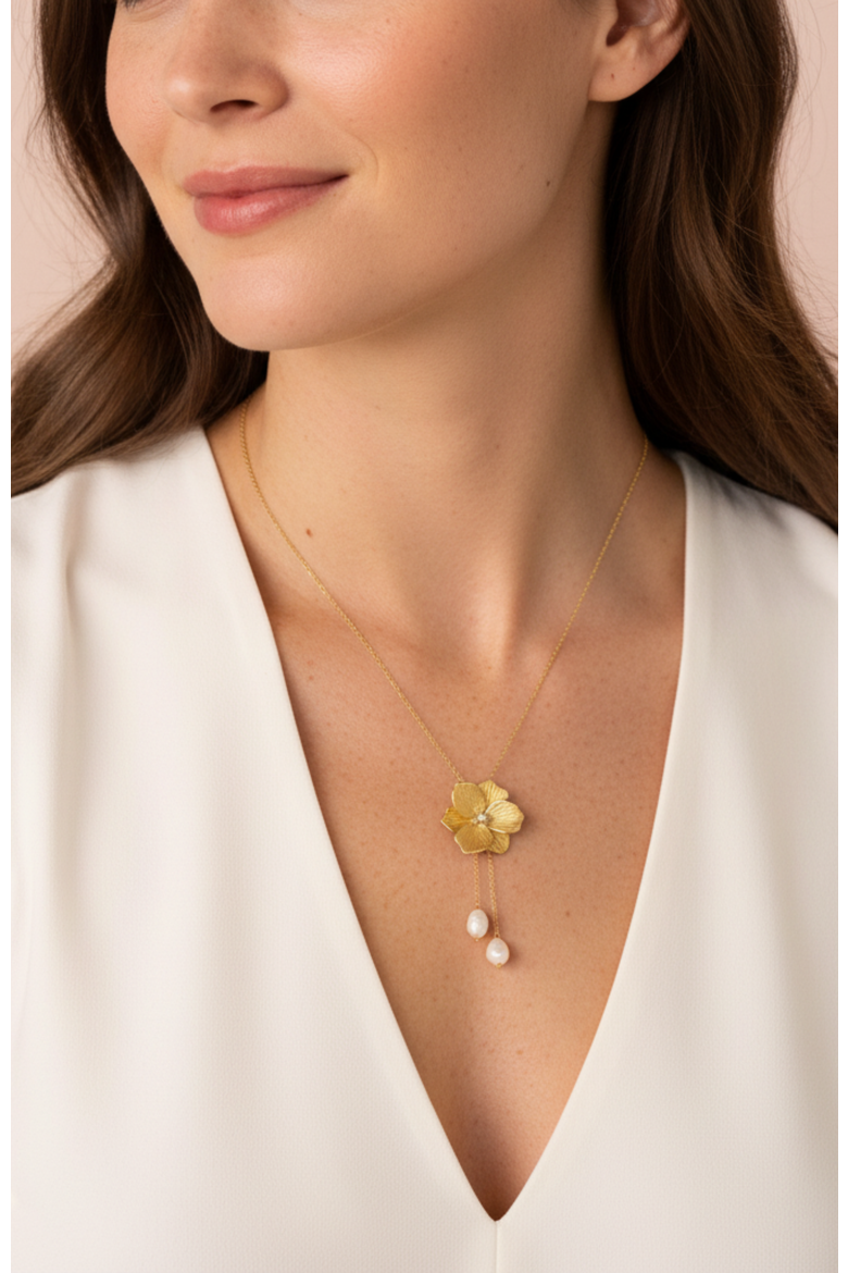 Jasmine Diamond Necklace |  7 natural diamonds - 2 freshwater pearls  | 925 Sterling Silver | Necklace | 16 - 17.5 in | Yellow 18k-Gold Plated, Alternate, color, Yellow 18k Gold Plated