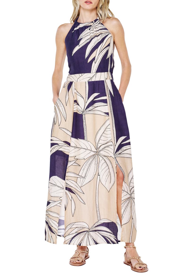 Print Halter Maxi Dress, Main, color, NAVY MULTI