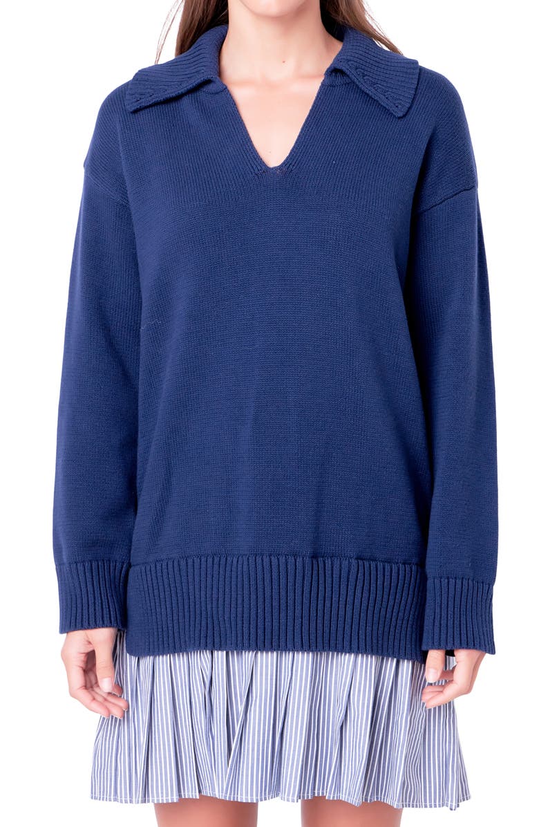 English Factory Mixed Media Long Sleeve Minidress, Alternate, color, Navy/ Navy