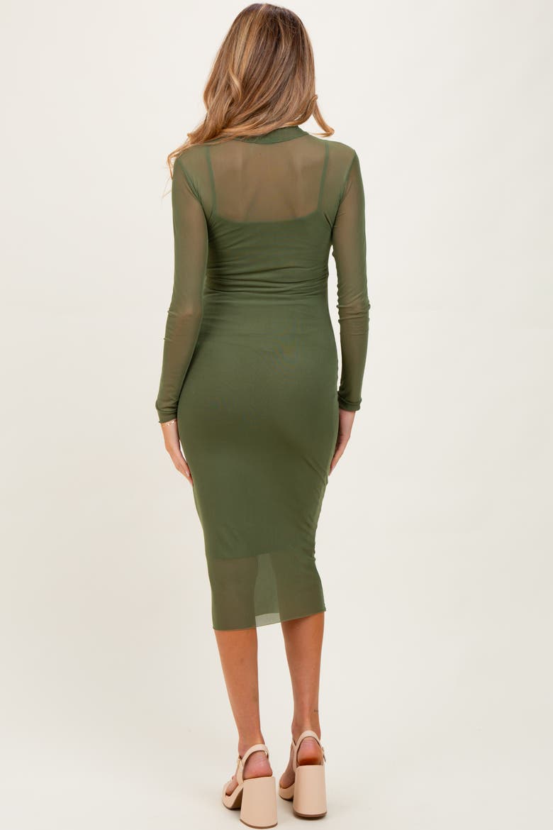 Mesh Overlay Fitted Midi Dress, Alternate, color, Olive Green