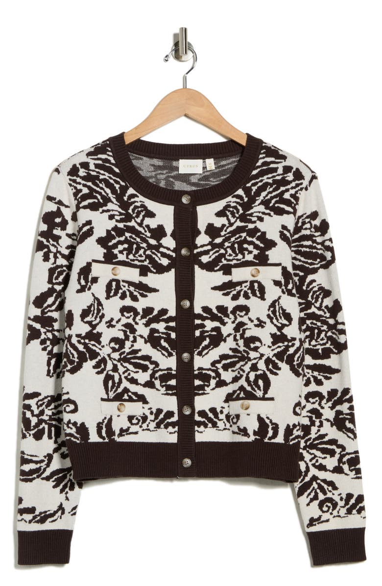CYRUS Boyfriend Jacquard Cardigan, Alternate, color, Vienna Chocolate Brwn/ Cream
