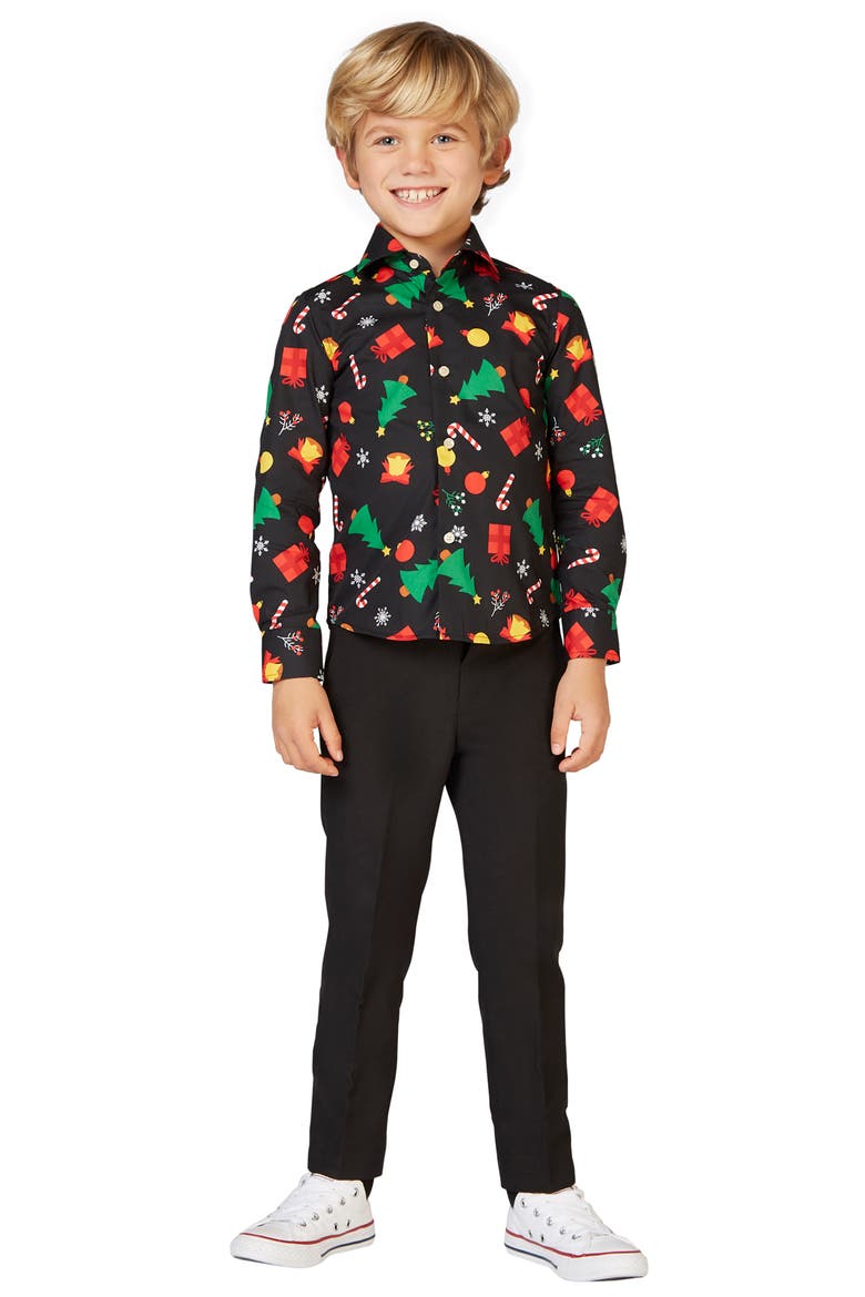 Kids' Christmas Icons Black Long Sleeve Dress Shirt, Alternate, color, BLACK