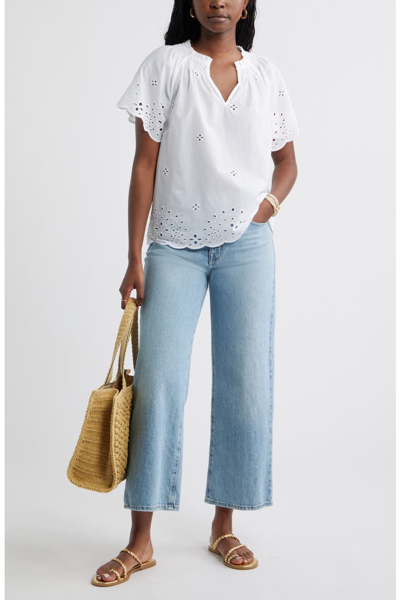 Eyelet Ruffle Trim Cotton Top, Alternate, color, WHITE