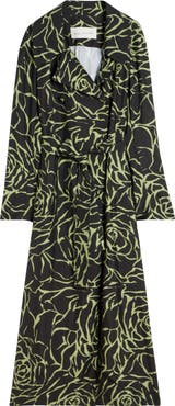 Dries Van Noten Rolana Giant Couture Rose Print Belted Crepe Trench Coat
