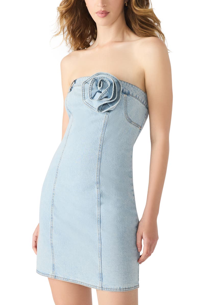 Steve Madden Rosette Strapless Denim Minidress, Alternate, color, Delray Wash