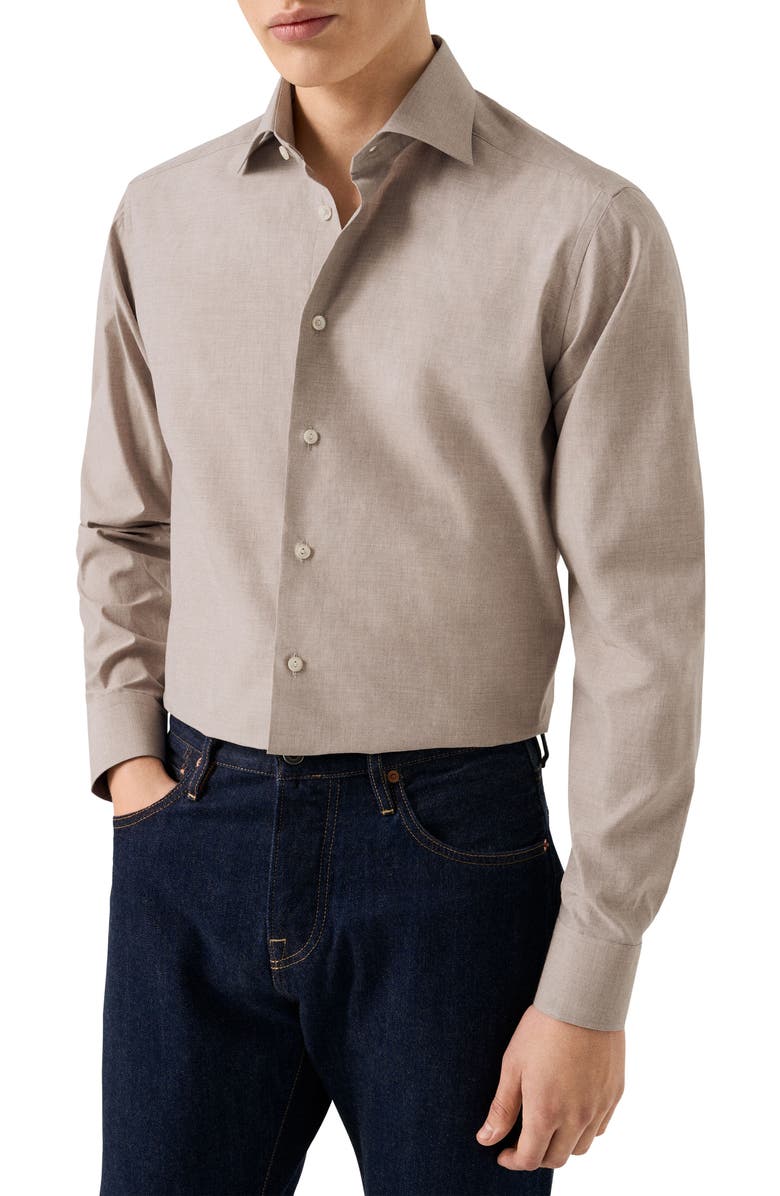 Eton Slim Fit Tan Mélange Cotton Twill Dress Shirt, Main, color, Light Beige
