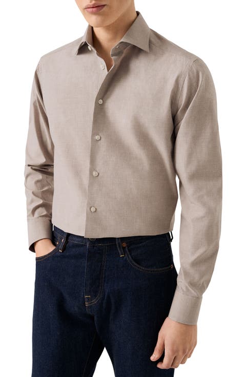 Slim Fit Tan Mélange Cotton Twill Dress Shirt